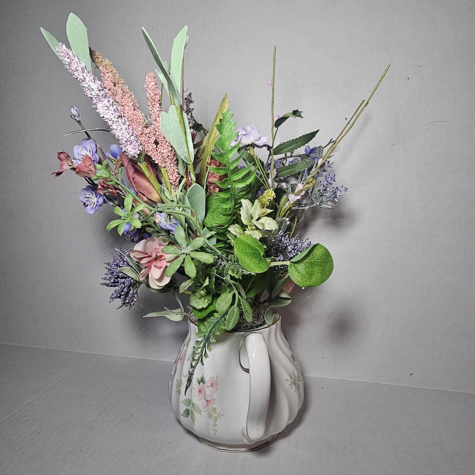 Handmade Artificial Floral Arrangement In Pink Floral Teapot Gold Accent
