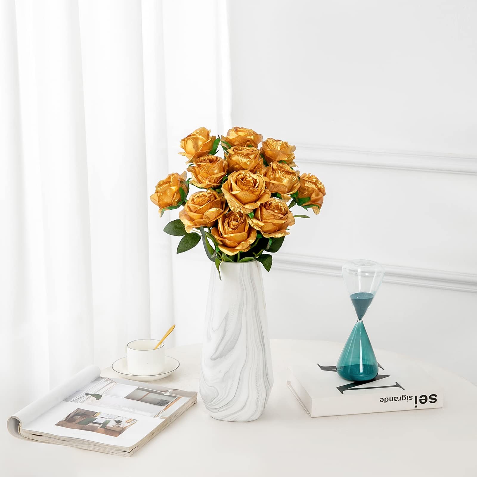 12 Pcs Gold Artificial Flowers Realistic Blooming Rose For Home Decor Weddings