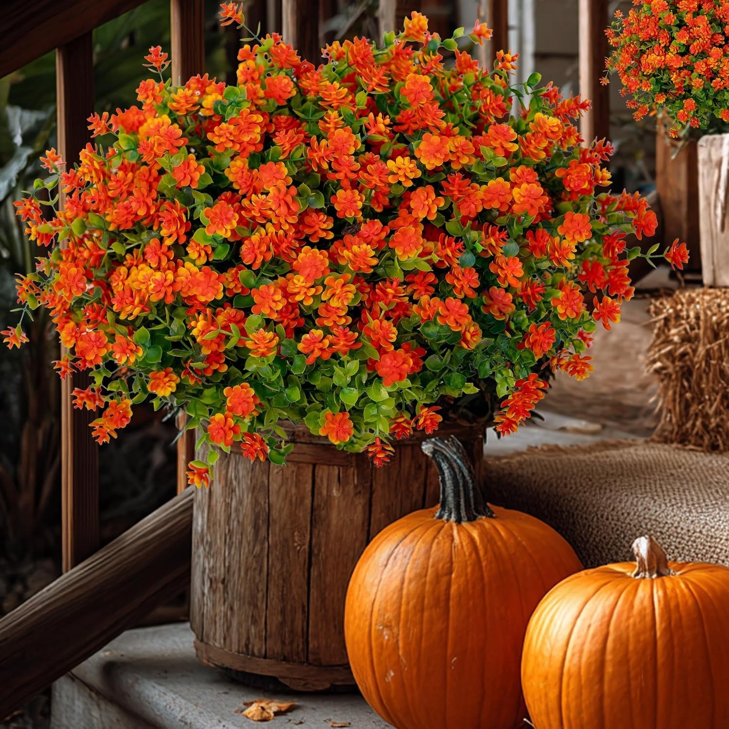 Lifelike Red-Orange Silk Fall Mums – Perfect for Outdoor Autumn Decor, 12 Count