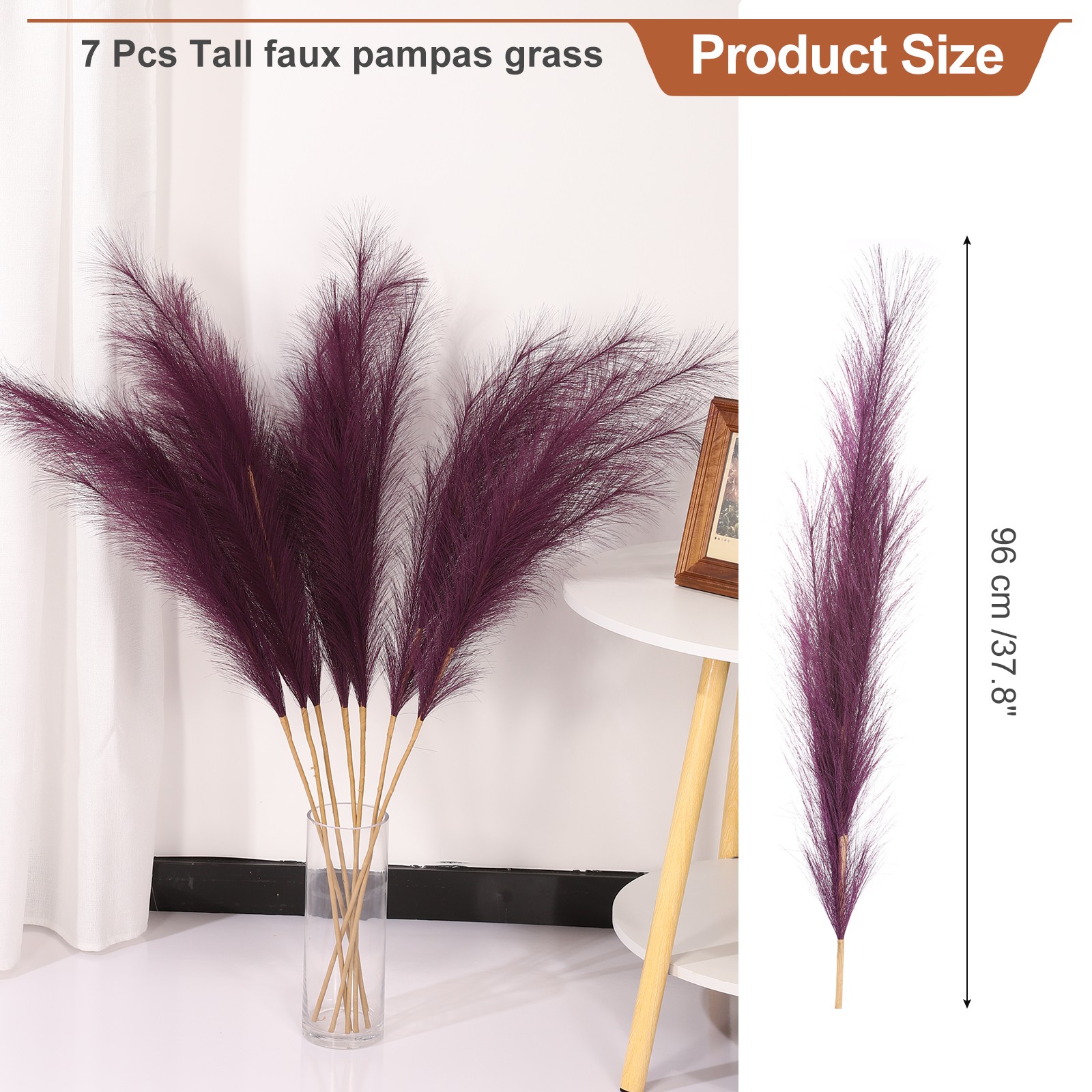 37.8in Pampas Grass Decor, 7 Pcs Artificial Pampas Grass Bulk, Dark Purple