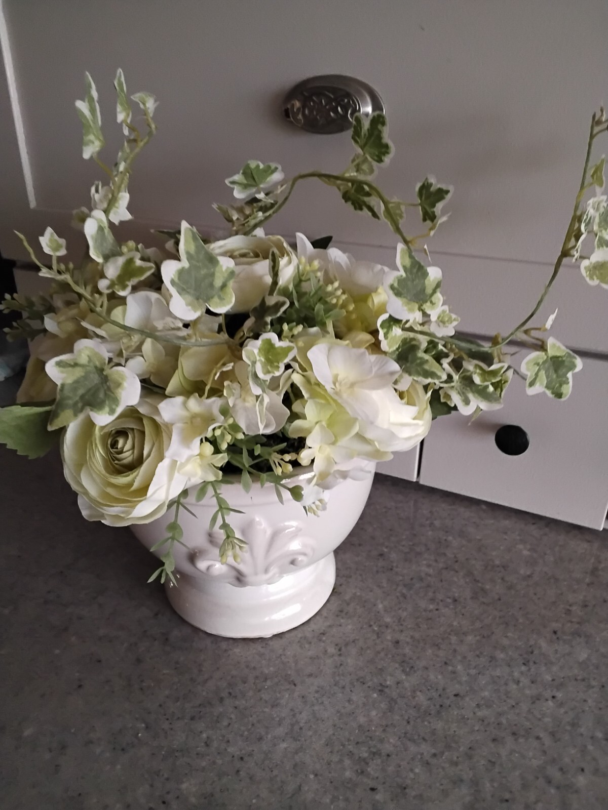 White on White Artificial Roses & Hydrangeas with Greens in Ceramic Cream Pot