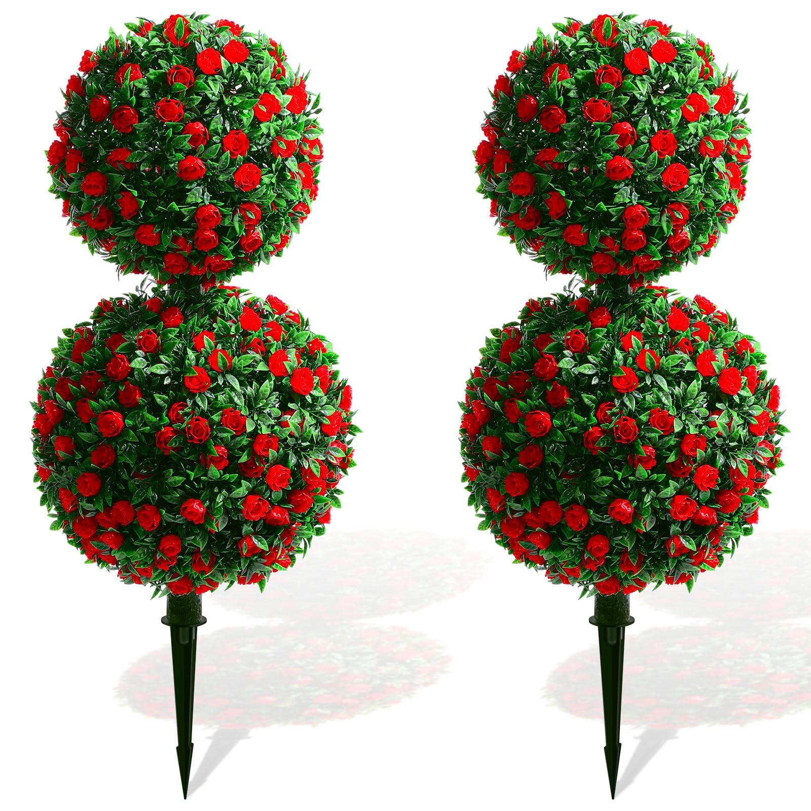 2 Pack 28 Inch Outdoor Artificial Rose Topiary Trees Double with Flowers Fake…