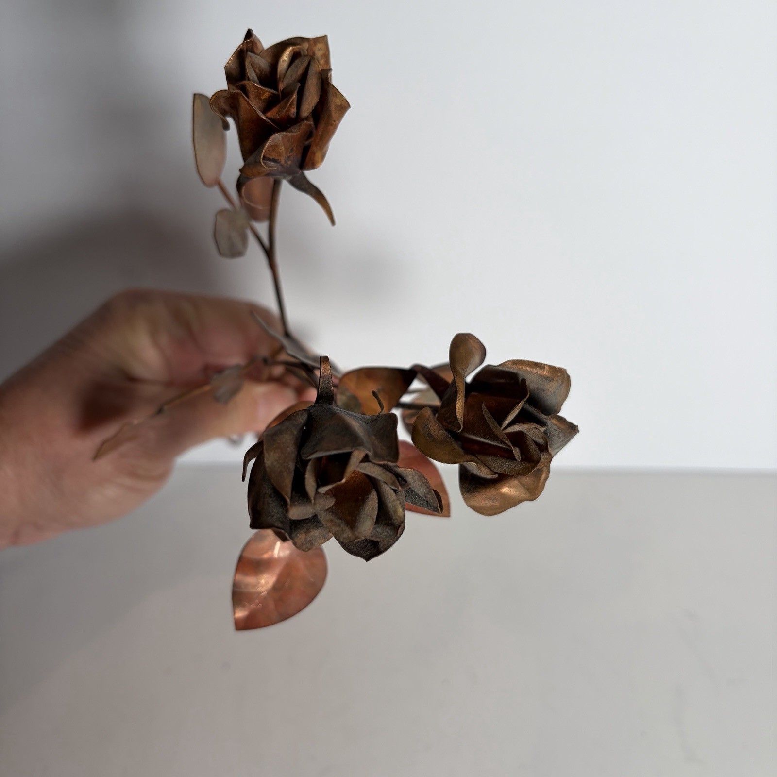 VTG MCM Long Stem Brass Copper Metal Roses Rose Lot of 3 Flowers