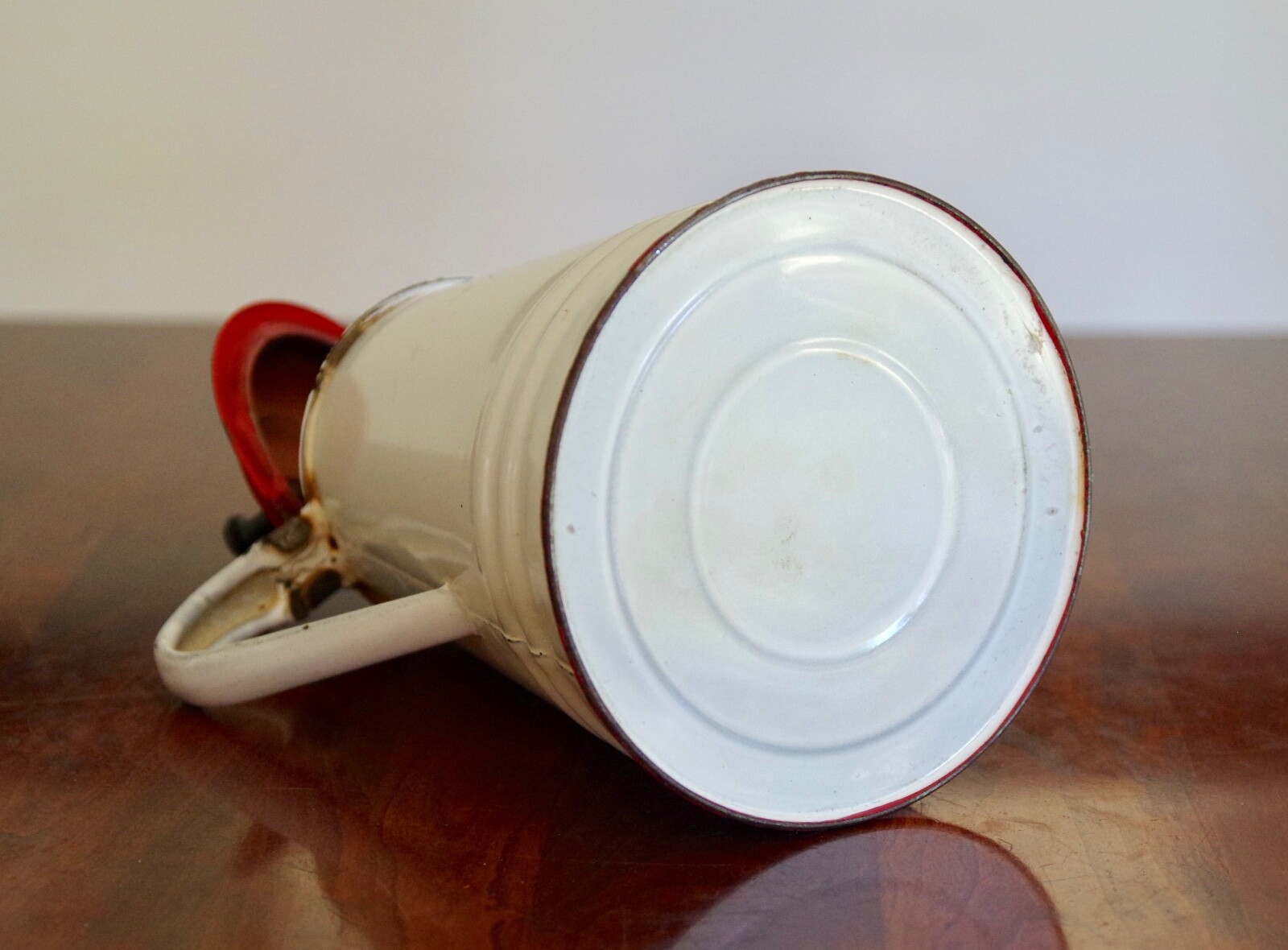 Silk Red and Purple Arrangement in Vintage Enamel Red & White Cowboy Coffee Pot