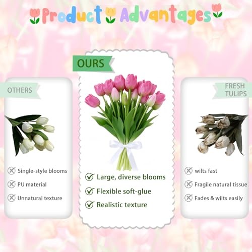 15PCS 15.75″ Artificial Tulips, Premium Latex Natural Feel 15pcs Deep Pink