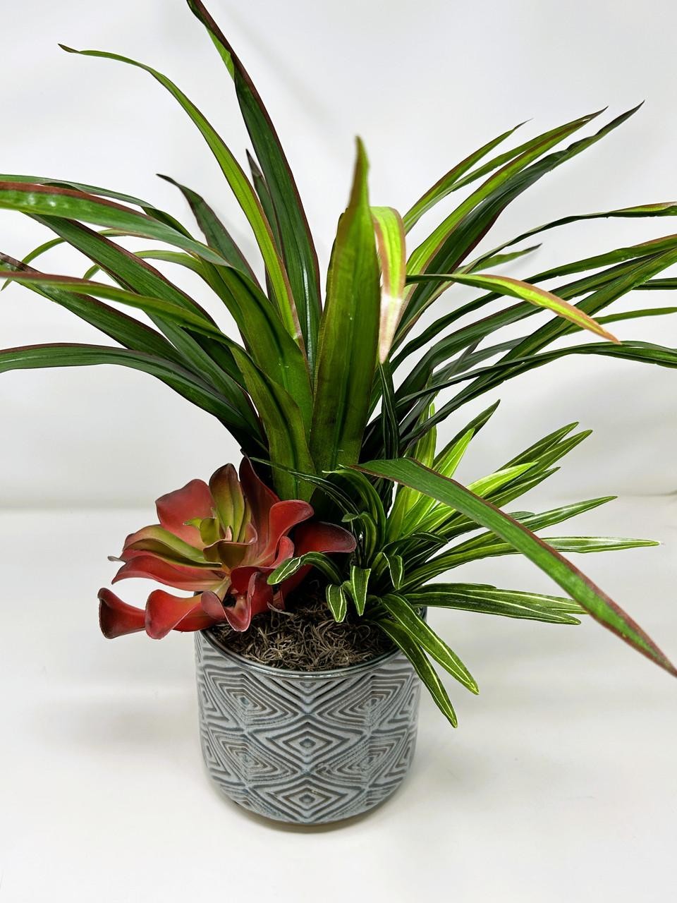 20″ Lg Faux Green-Red YUCCA Silk plant, Red Kalanchoe, Dracaena in Ceramic blue-