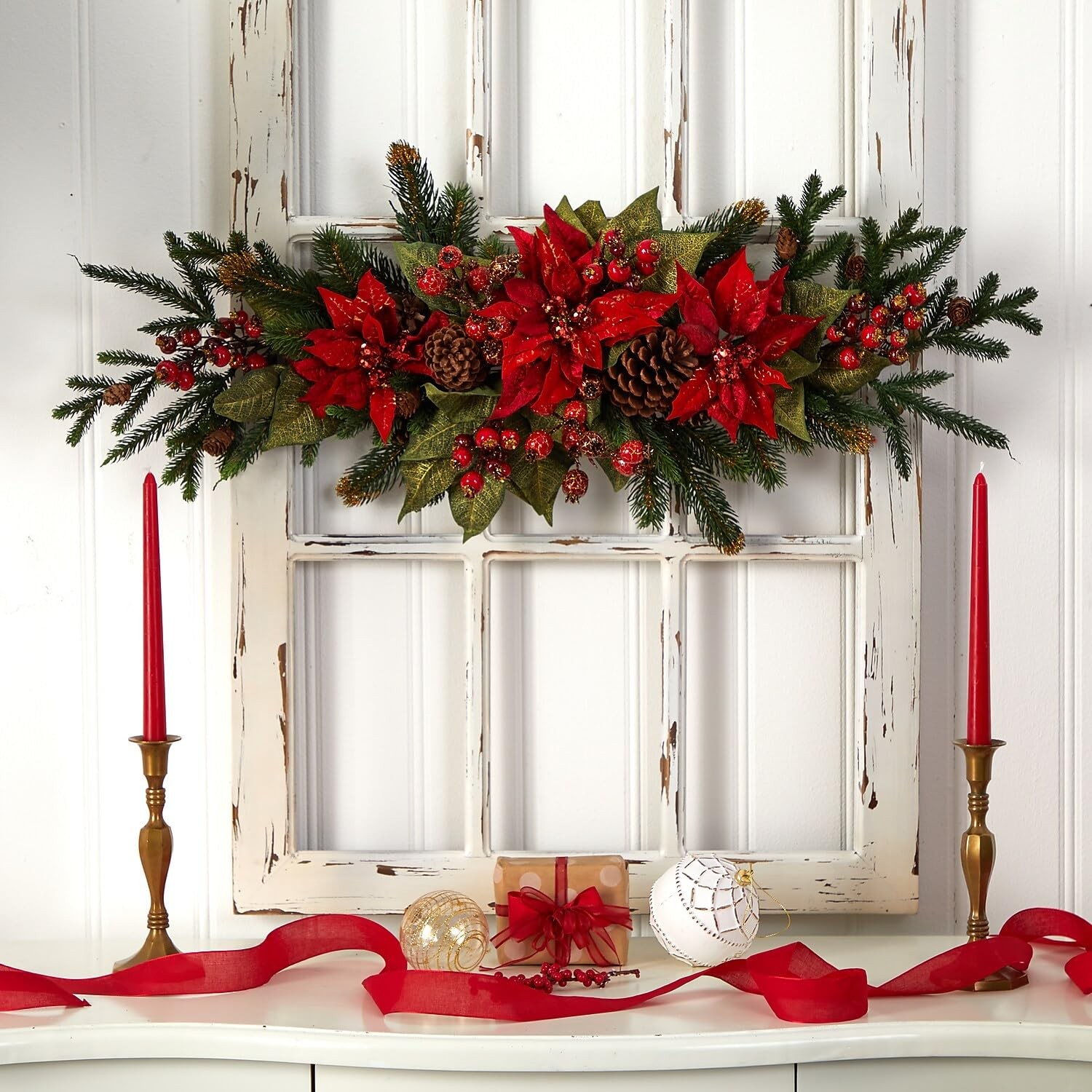 Nearly Natural Poinsettia & Berry Centerpiece