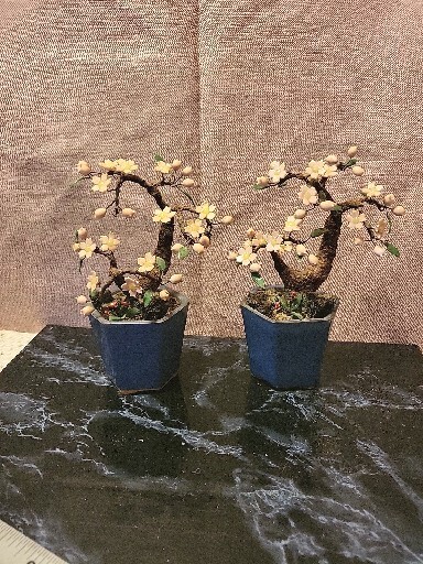 Glass Tree Pair VTG Jade Cherry Blossom Flower Bonsai Celadon Pot Japan Chinese