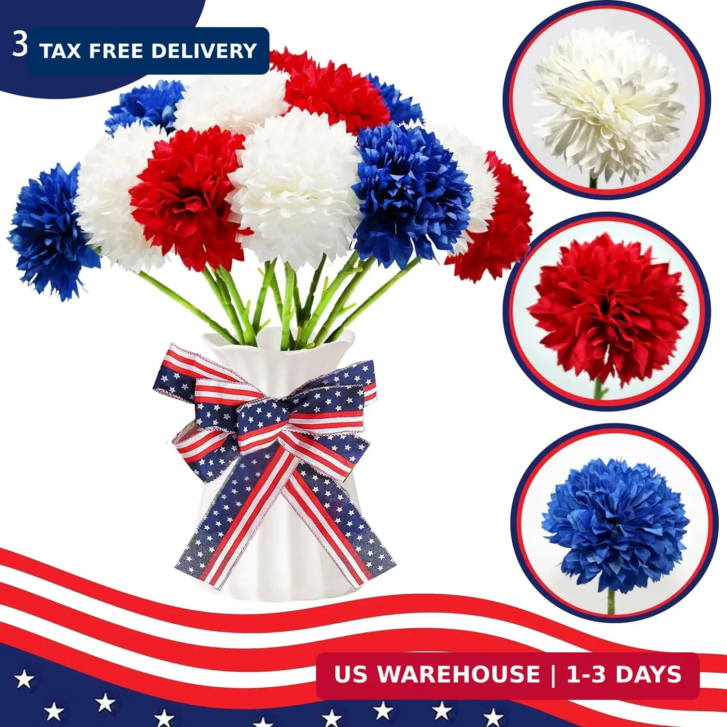 Tinsow 12 pcs Artificial Flower Patriotic Memorial Bouquet Red White and Blue Fa