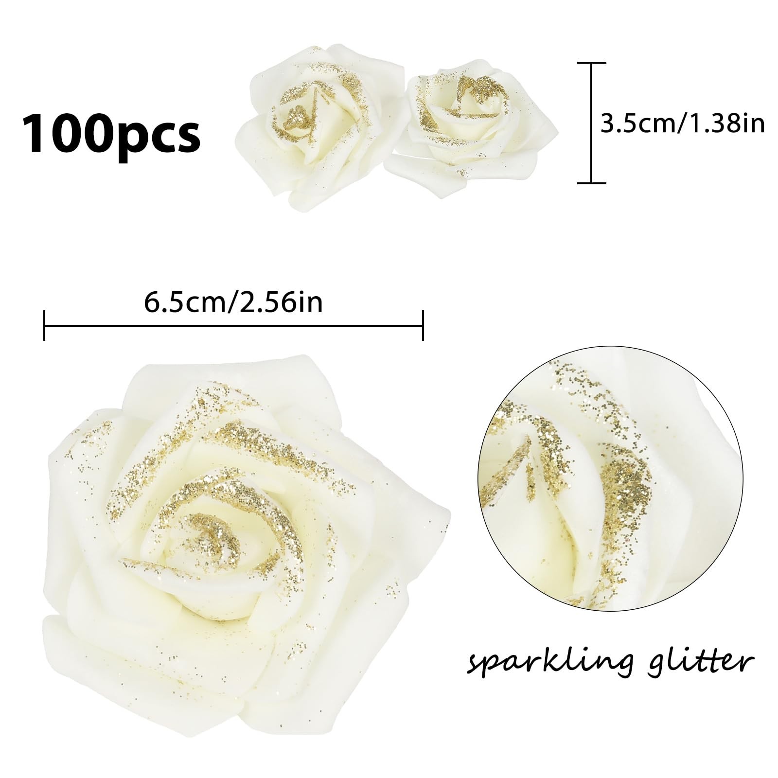 Gold Glitter Ivory Roses 100pcs Stemless Foam Flowers Artificial Real Looking