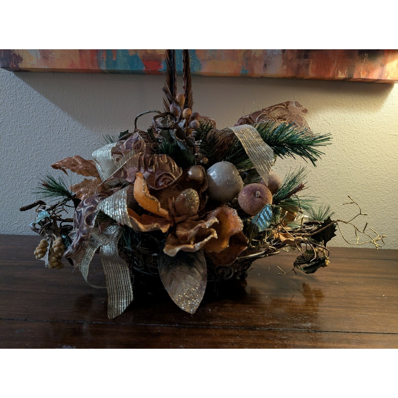 Rust Tan Gold Floral Autumn Fall Thanksgiving Centerpiece Pheasant Feathers