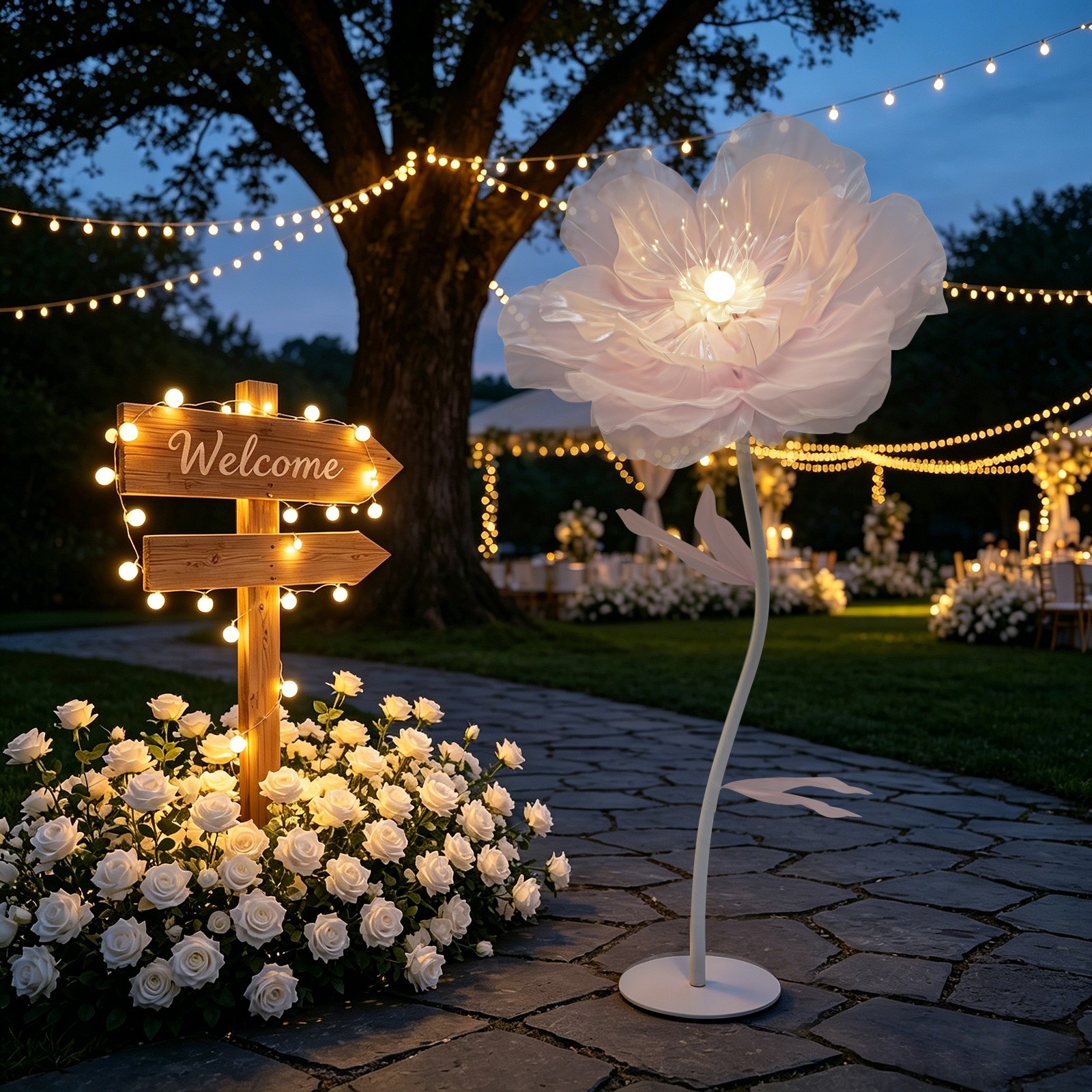 Auto-Open Artificial Flower with LED Light Green Floral Decor For Wedding Party
