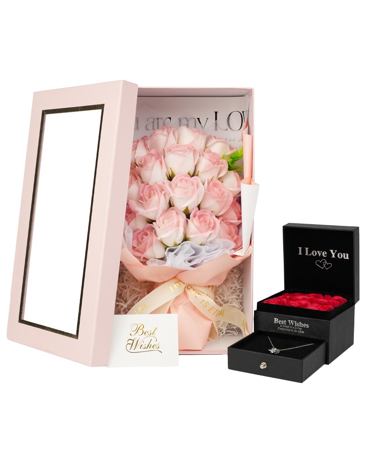 Artificial Roses Bouquet – 18 Preserved Flowers with Necklace – Unique Gift for