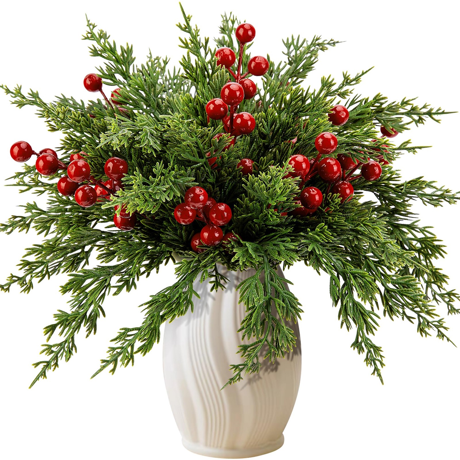45 Pcs Christmas Artificial Pine Branches with Red Stems, 10.5″ Faux Evergree…