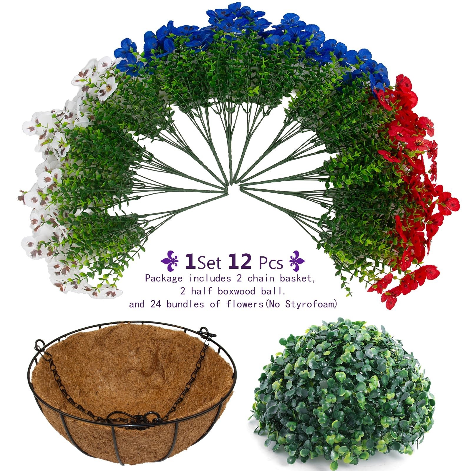 2 Sets Faux Hanging Pansy Flowers with Baskets – 24 Pcs Patriotic Silk Decor for