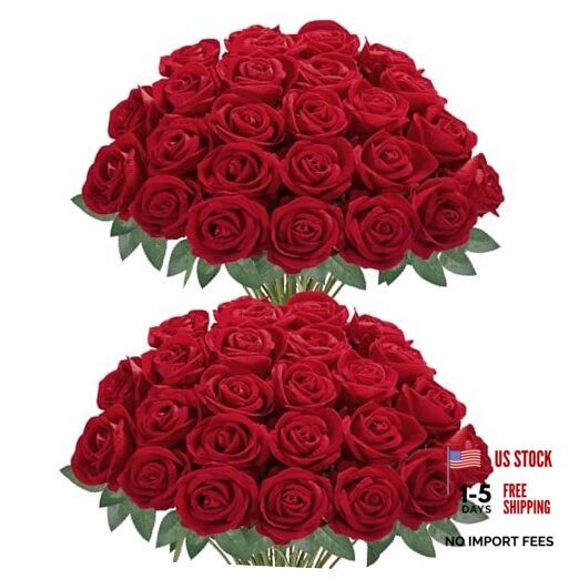 Pcs Roses Artificial Flowers, Fake Velvet Silk Rose Bulk Faux Flower 50 Red