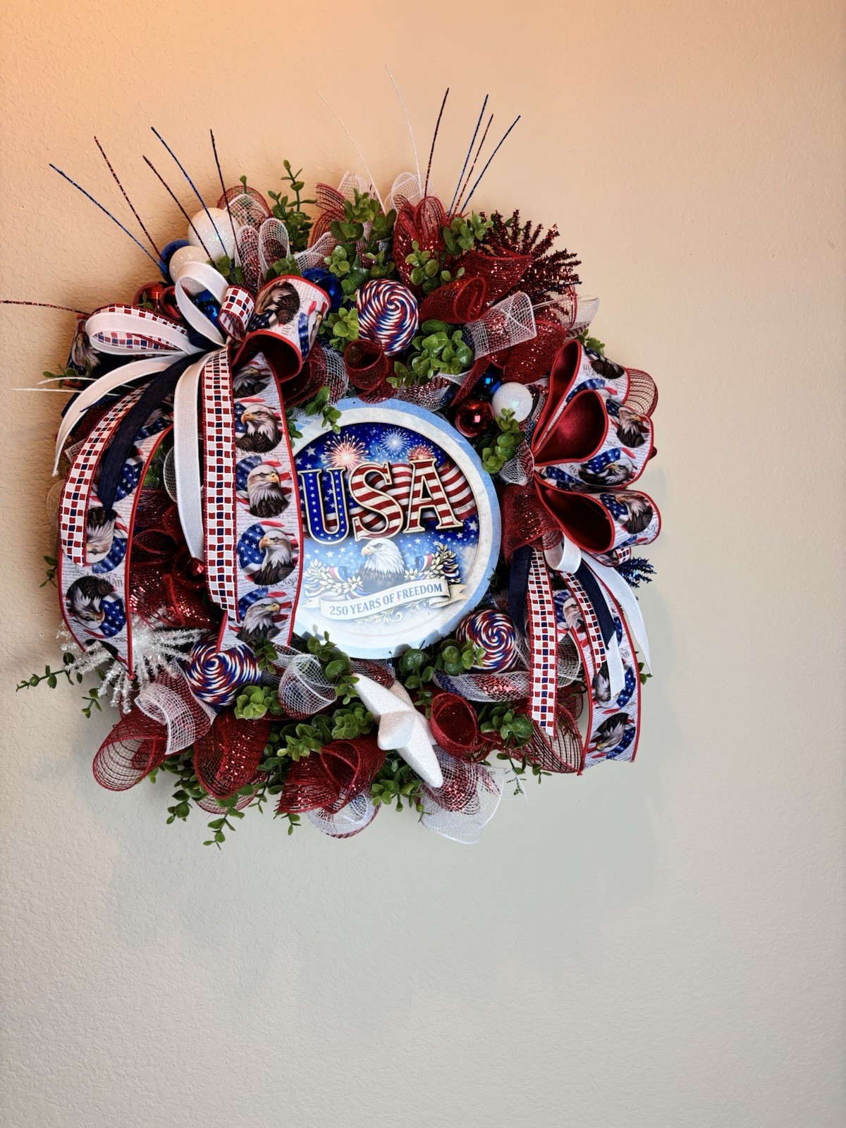 Patriotic Wreath USA Flag Red White Blue Front Door Decor American Eagle
