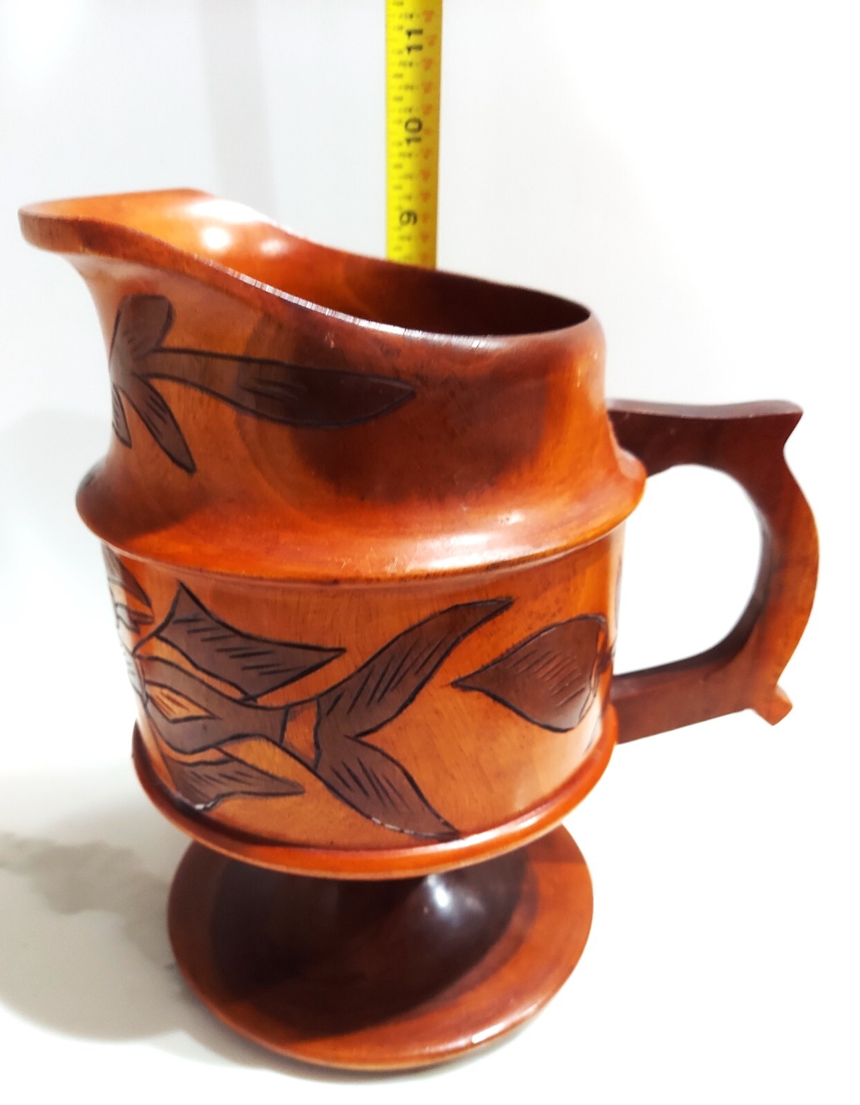 White Peonies in Hand Carved Teak Polynesian Tiki-style Wood Pitcher Arrangement