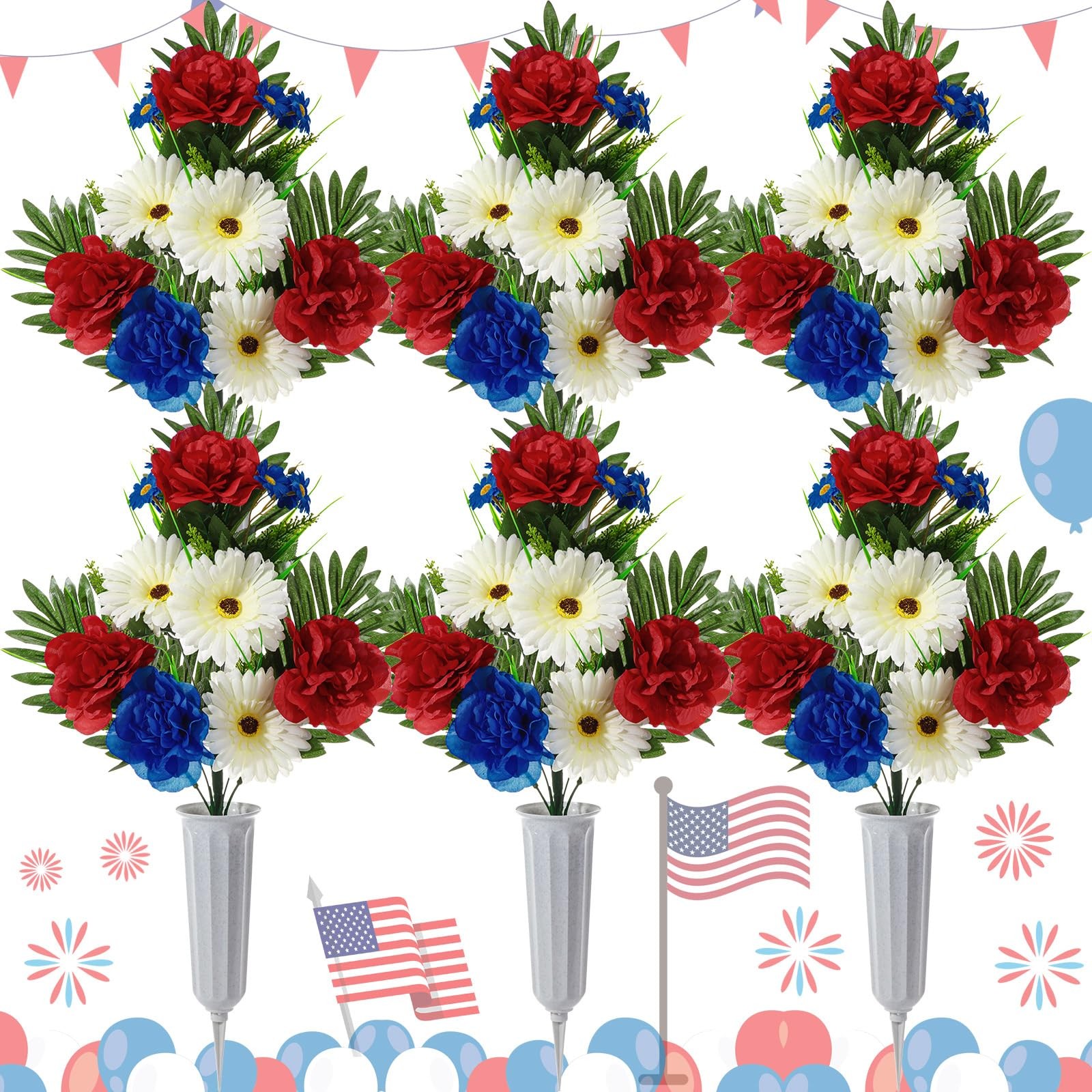 6 PCS Patriotic Memorial Red Blue White Artificial Flowers Bouquet With Vase