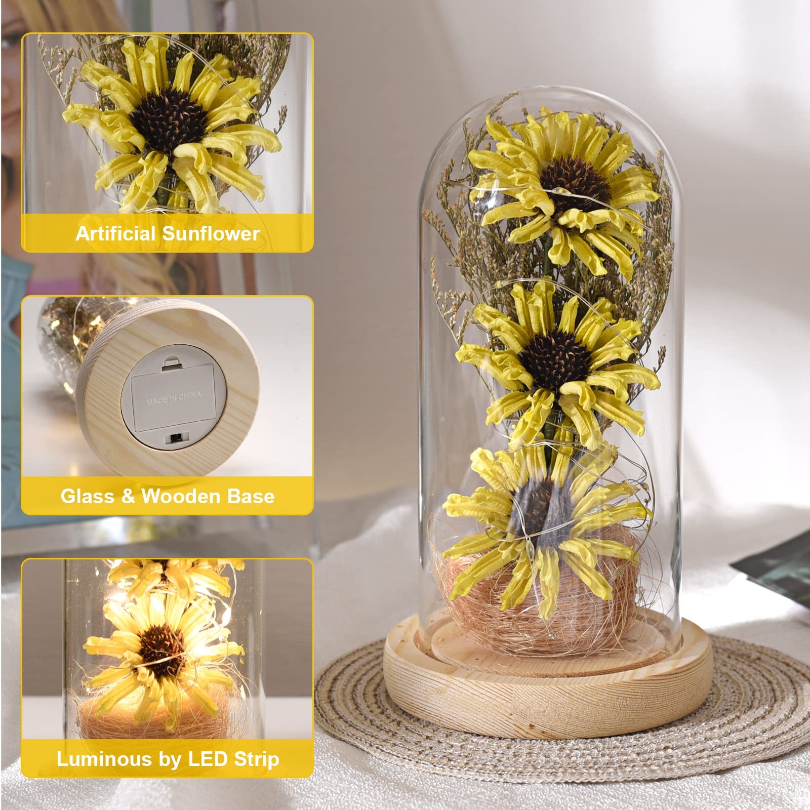 Sunflower Gifts For Women Artificial Sunflowers In Glass Dome With Led Strip 1ps
