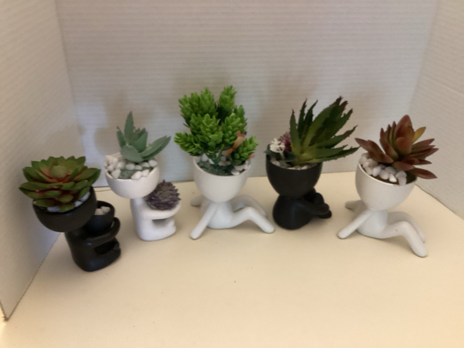 Faux Fake Succulents In Human Statue Pot Black & White Five