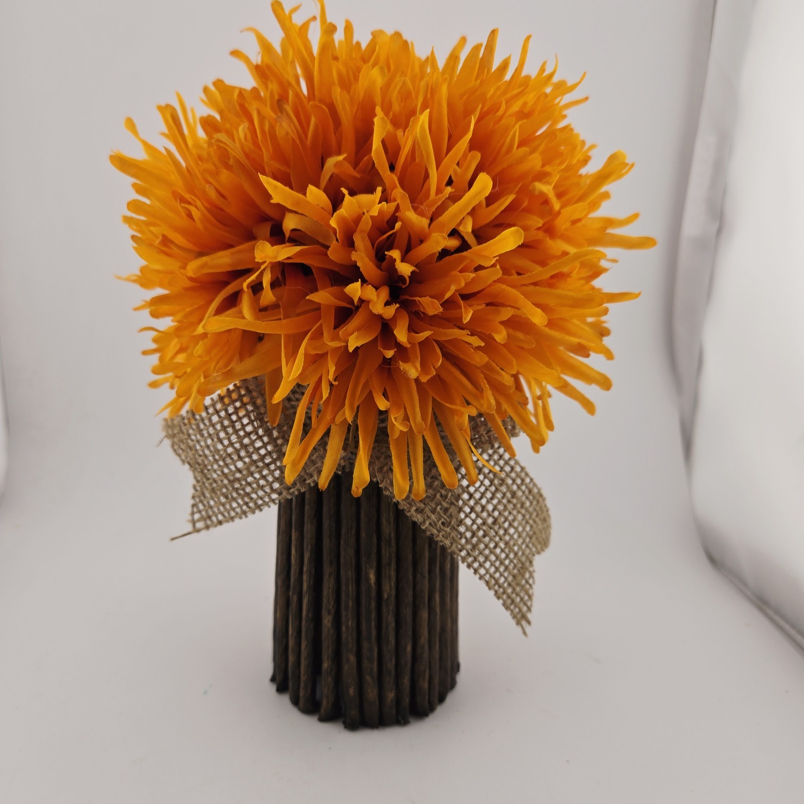 Orange Mum Artificial Floral Arrangement Lot of 6 Natural Vase 9″