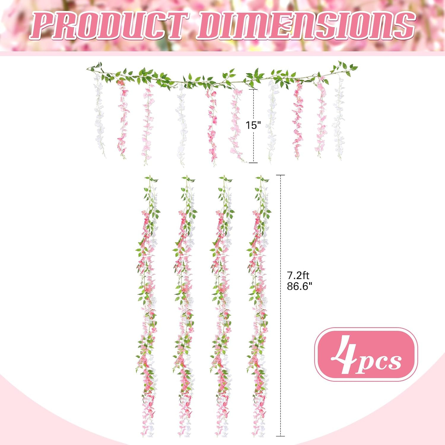 4Pcs Wisteria Artificial Flowers Garland, 7.2Ft/Piece Wisteria Hanging Flowers G