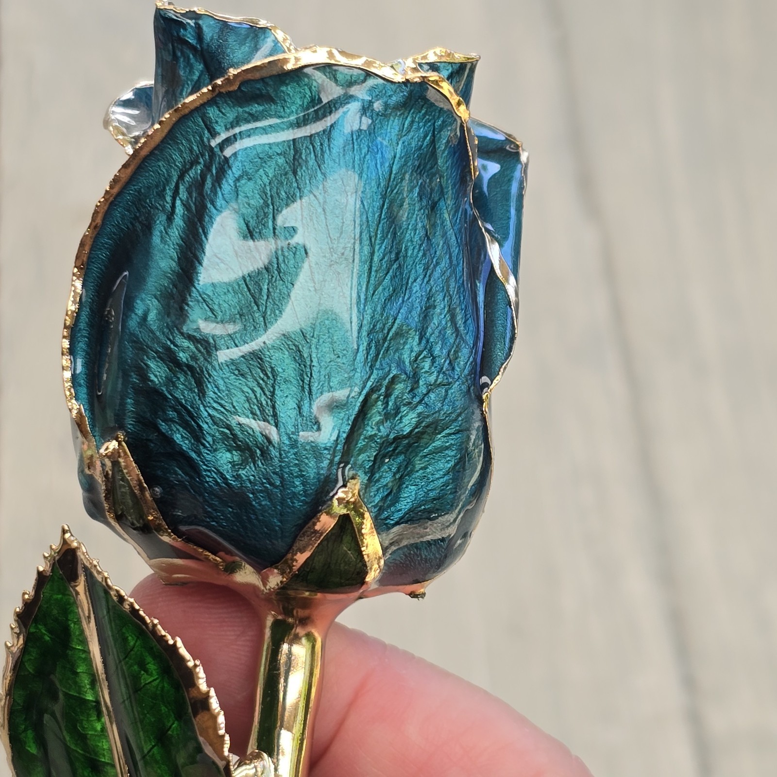Long Stem Dipped 24k Gold Real Rose Teal Blue Enamel Coated Flower Elegant Decor