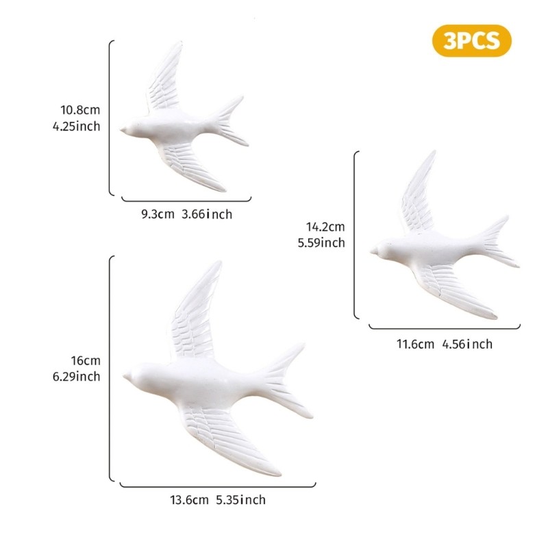 Pack of 3 White Bird Wall Set with 3 Mixed Size Birds for Indoor Wall Use