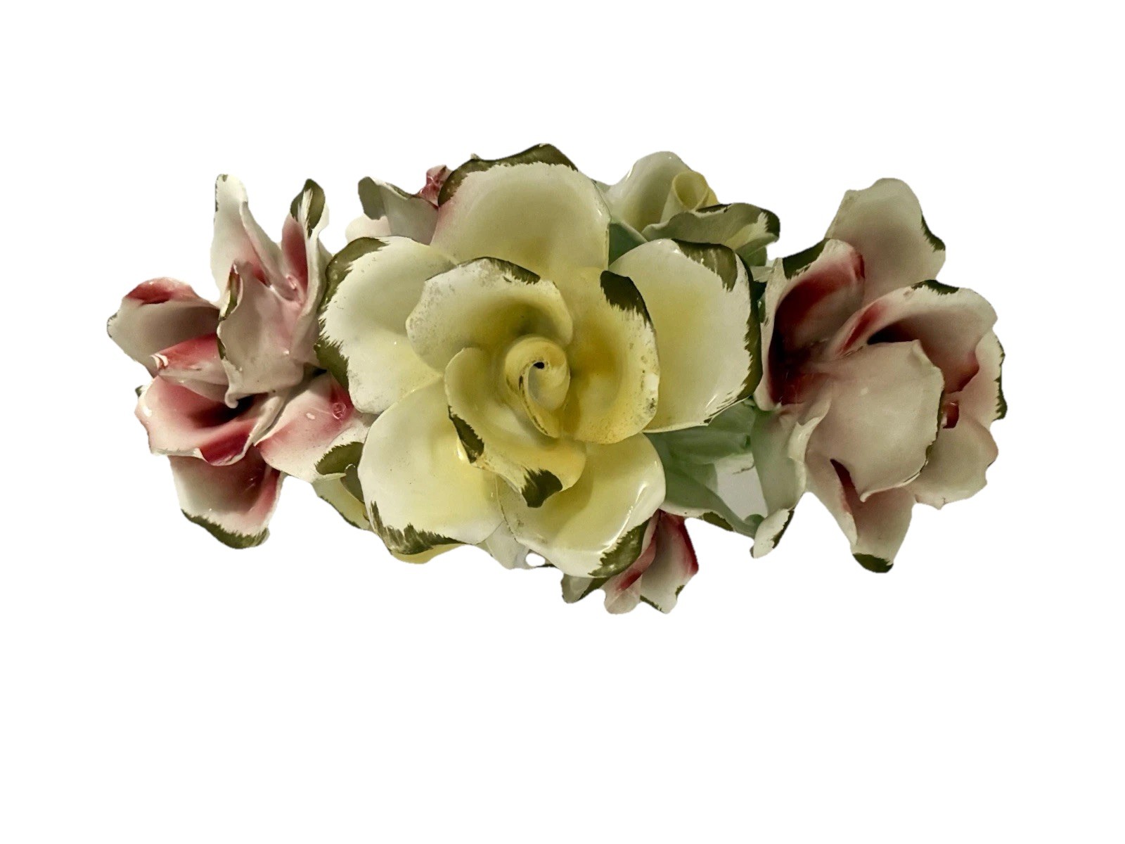 Vintage Capodimonte Italian Porcelain Pink and Yellow Seven Rose Centerpiece