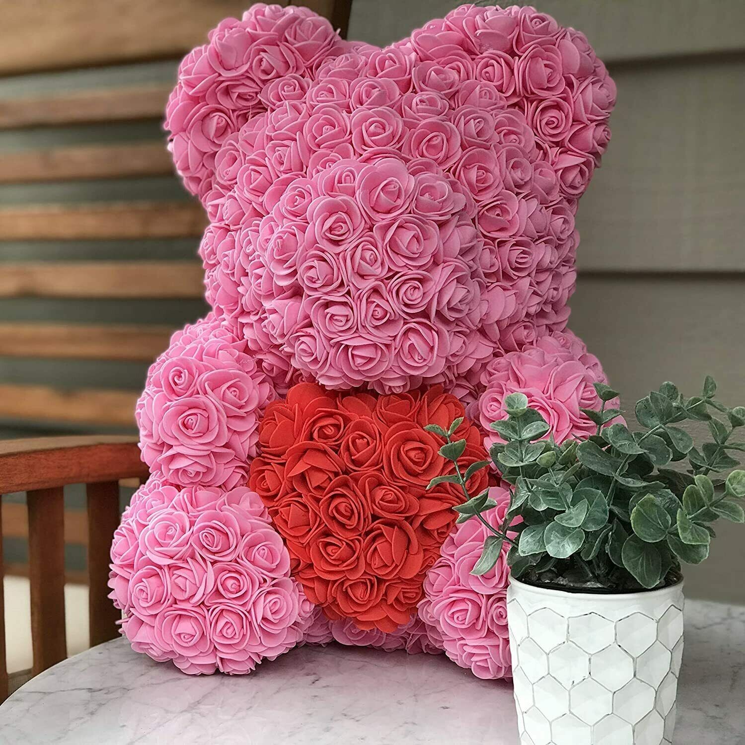Holiday/ Birthday Gift Rose Bear 14” Pink with Red heart forever Rose Teddy Bear
