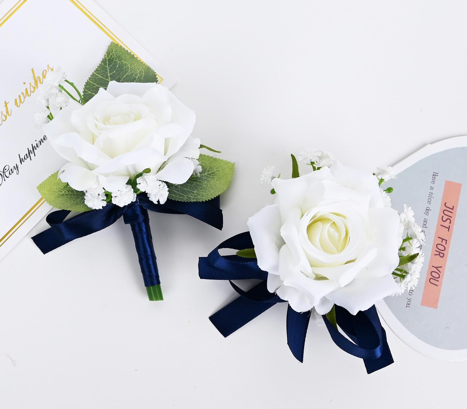 White Navy Blue Boutonniere Corsage Set Artificial Rose Prom Suit 2 PCS