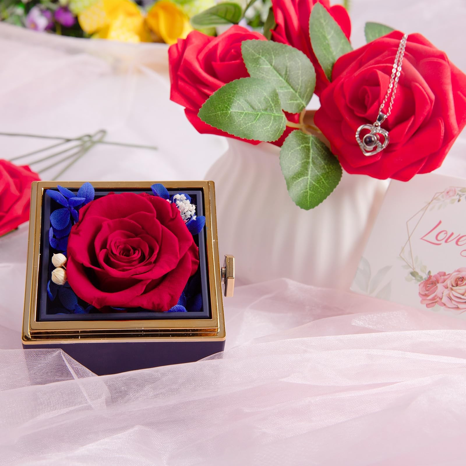 Preserved Real Red Forever Rose Rotating Box with I Love You Necklace 100 Lan…