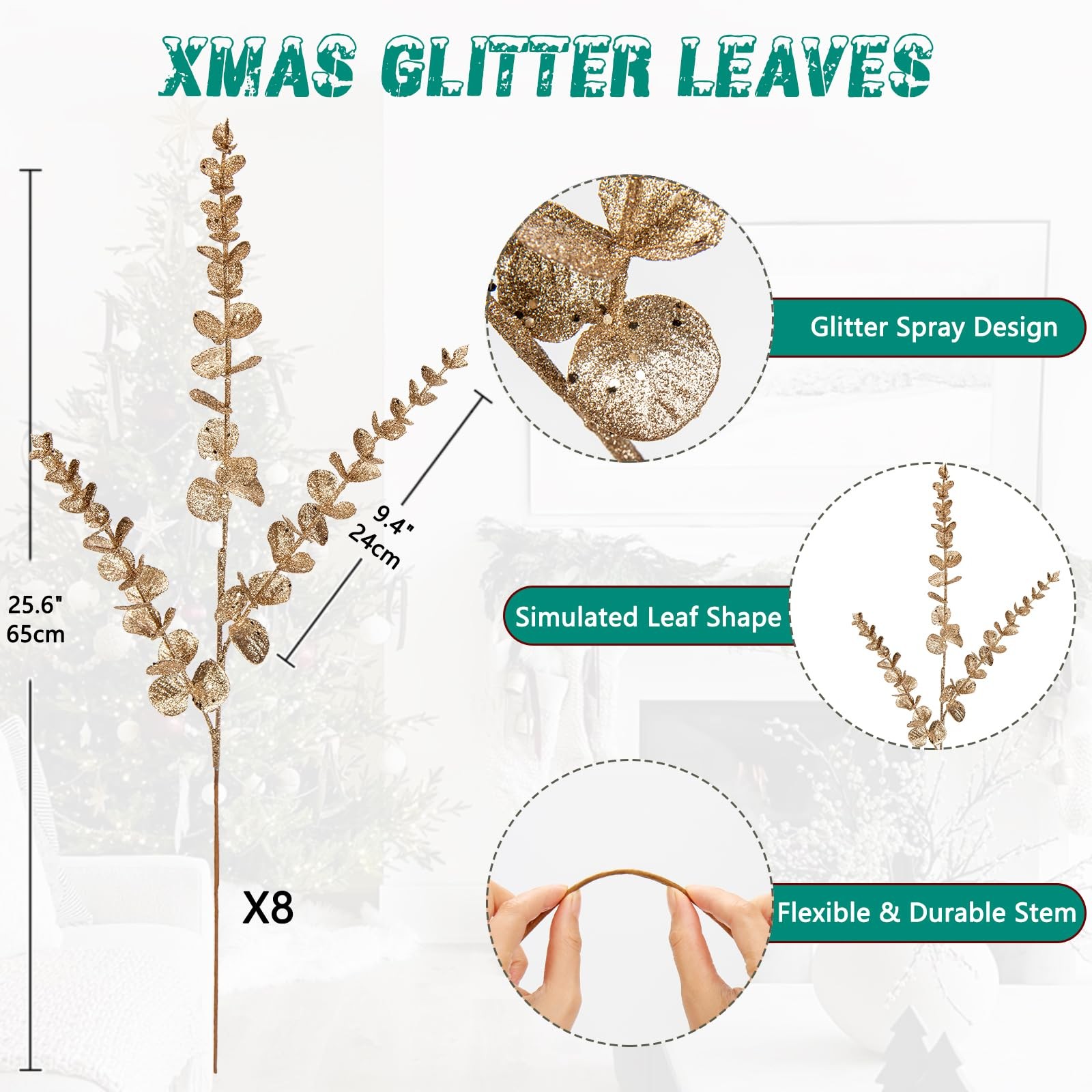 8 Pcs Christmas Tree Picks and Sprays Champagne Glitter Christmas Picks 25.6″…