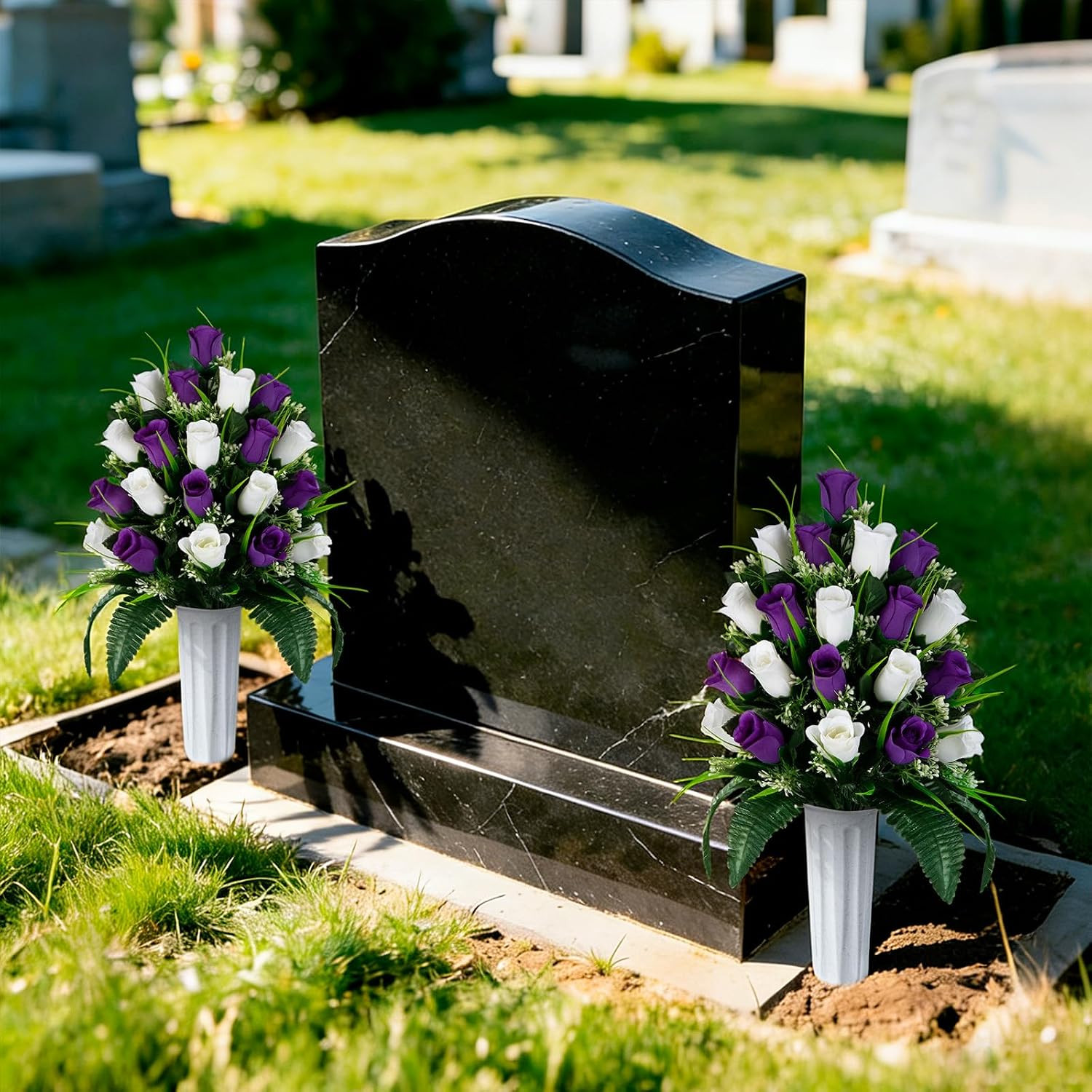 2 Sets Artificial Cemetery Flowers, Grave Decorations Roses, Memorial