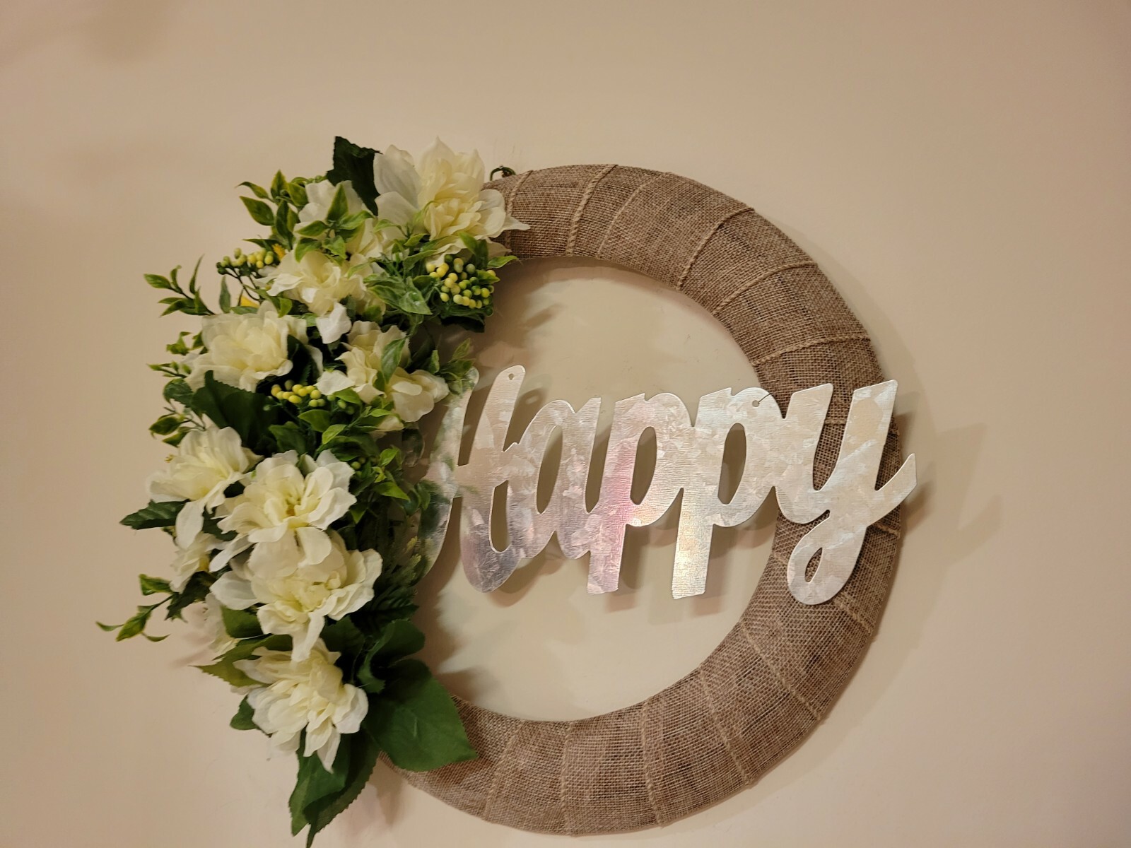 HAPPY white green Dahlias Zinnias burlap WREATH flowers Decor Front Door 16″ new