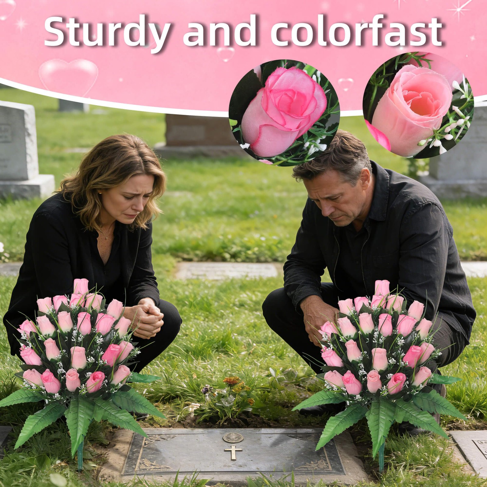 Artificial Cemetery Flowers – 2 Pack Silk Floral Displays for Headstone Decor…