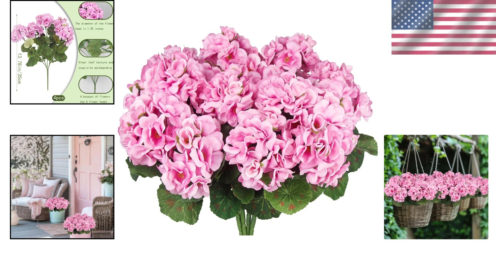 4 Pcs UV Resistant Purple Pink Silk Geranium Flowers for Indoor & Outdoor Decor