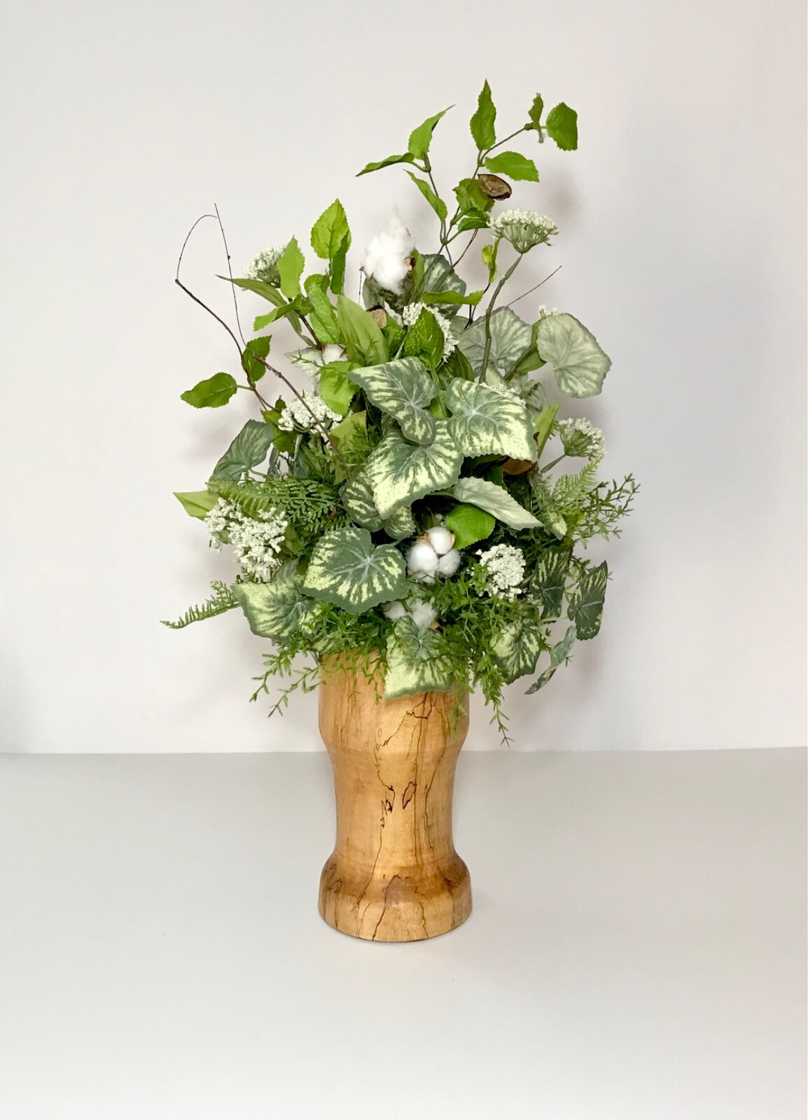 EVERYDAY YEAR ROUND FLORAL COTTON STEMS ARRANGEMENT WOOD COLUMN CENTERPIECE NEW