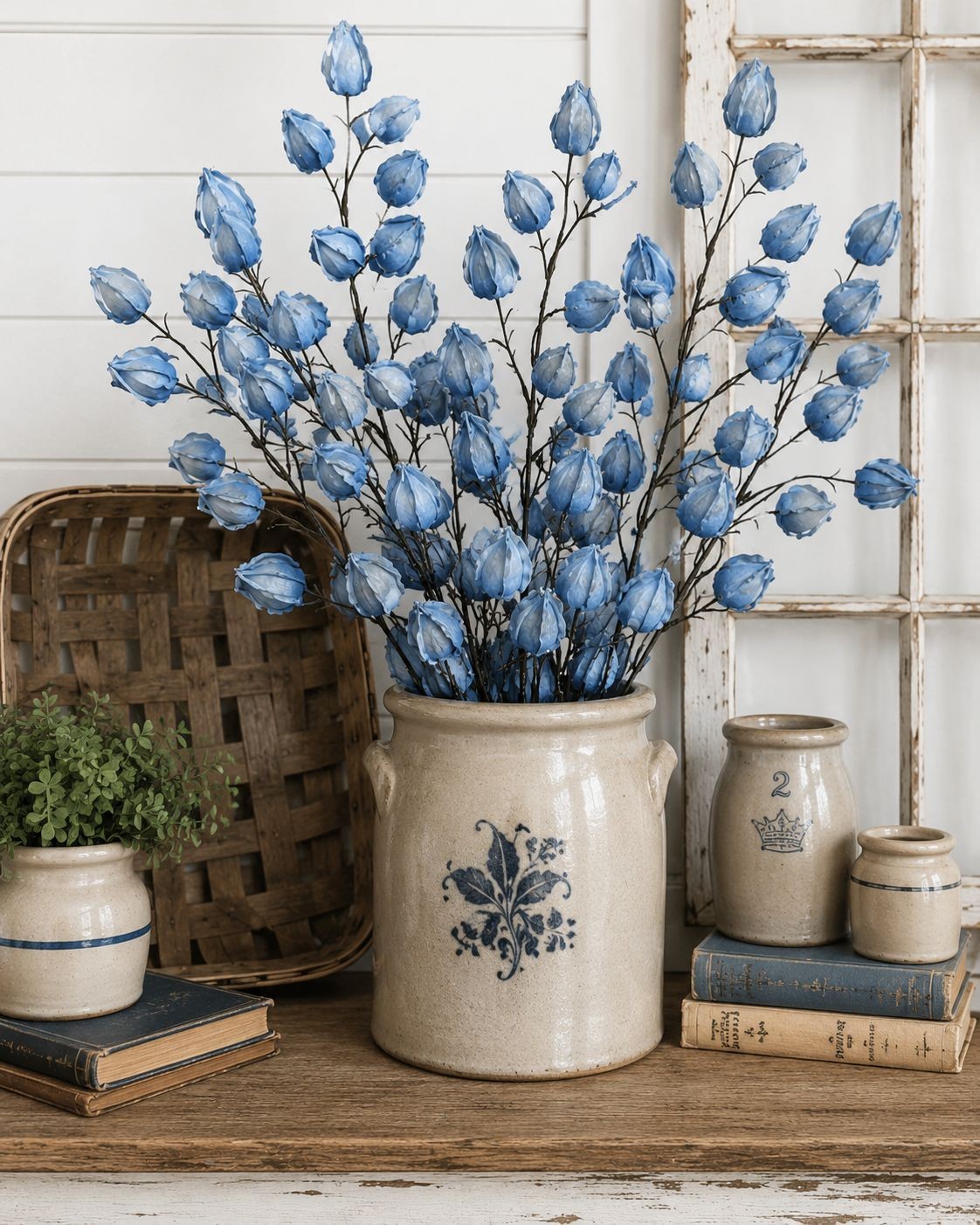 2 Blue Chinese Lantern Stems | 32 Inch Tall French Blue Lantern Pods Farmhouse