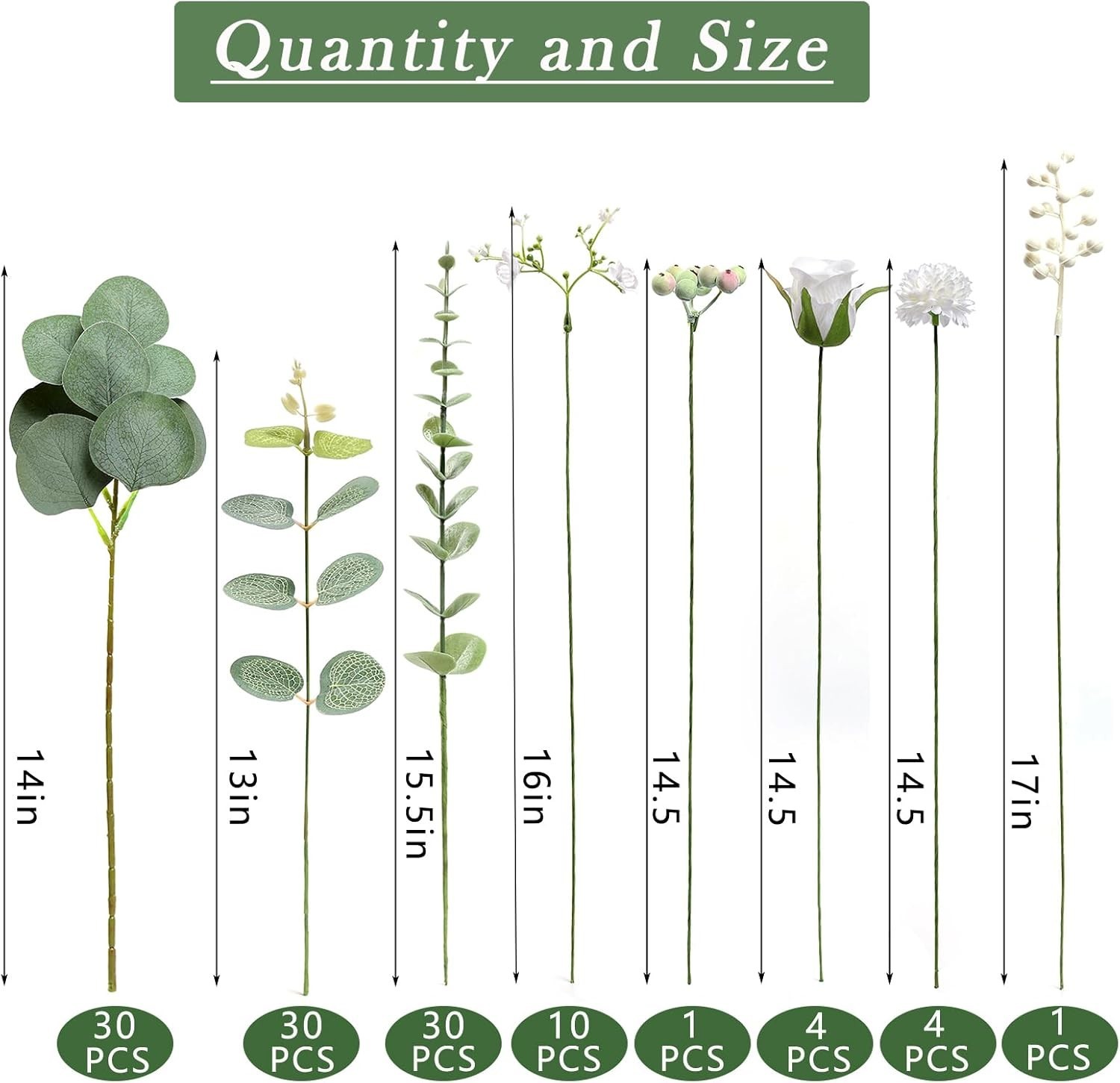 Eucalyptus Stems and Mixed Flowers 110 Pcs Realistic Greenery for Arrangements