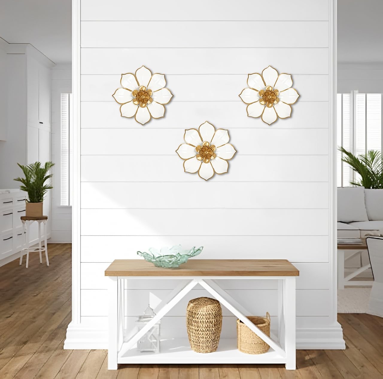 Metal Flowers Wall Decor White and Gold Art 10″, # 3