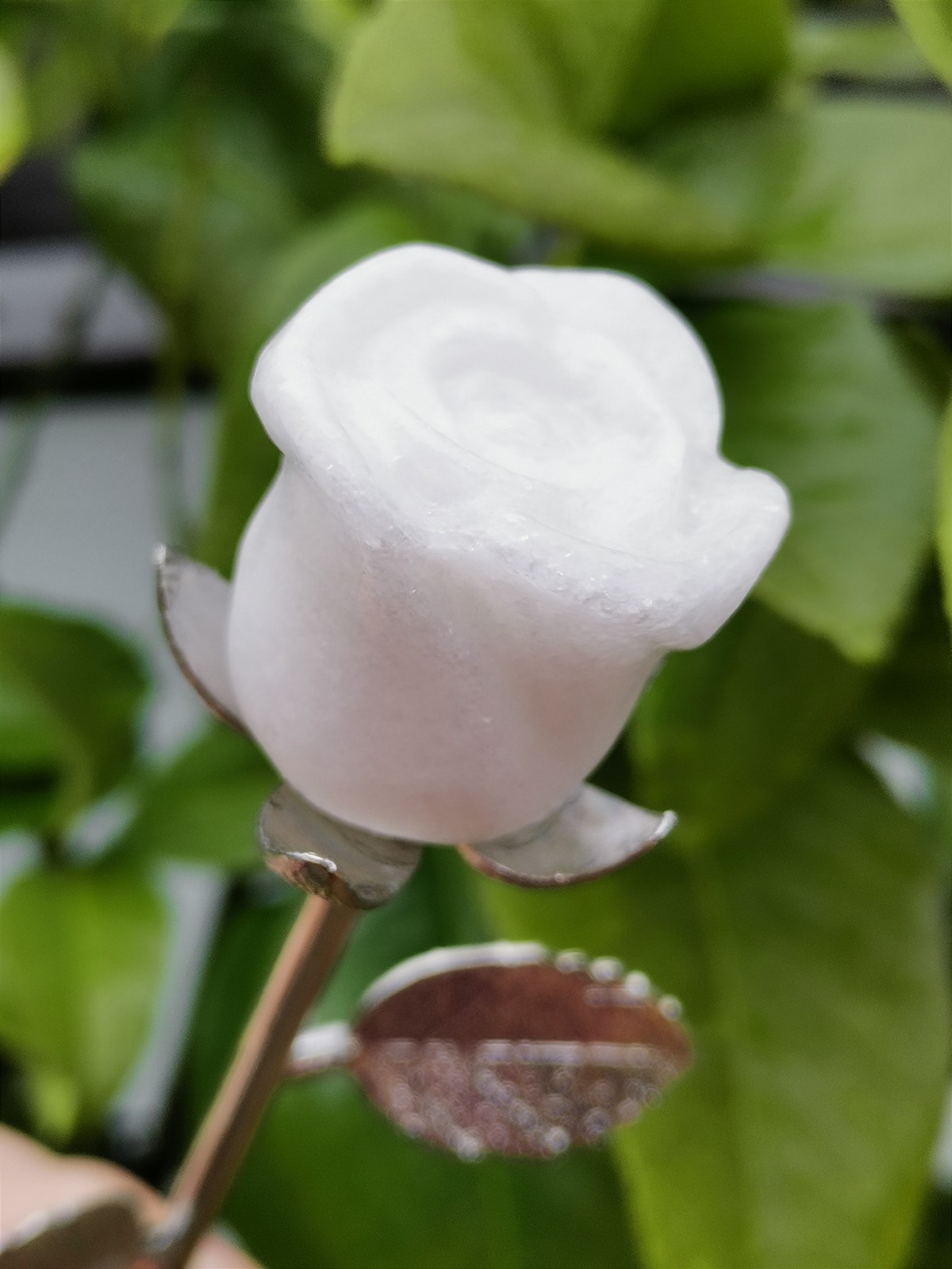 Pink Opal and White Jade rose with silver stem , Decorative Collectible