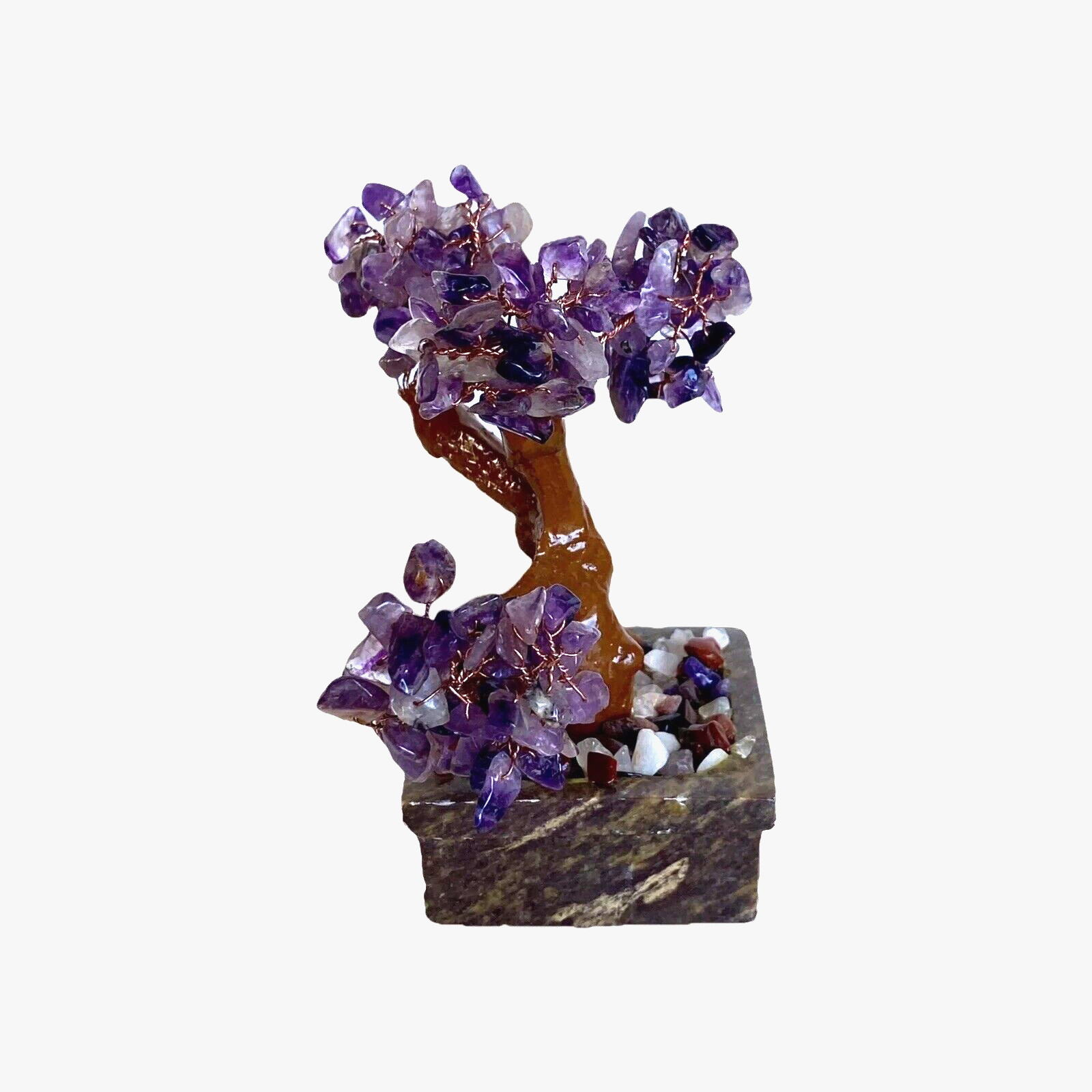 Vintage Polished Amethyst Chip Bonsai Tree Sculpture with Soapstone 4-3/4″ Tall