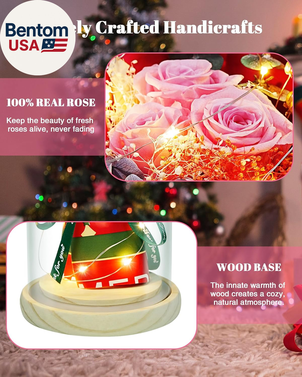 Preserved Flowers in Glass for Her,Pink Real Rose Bouquet with LED Light,Eternal