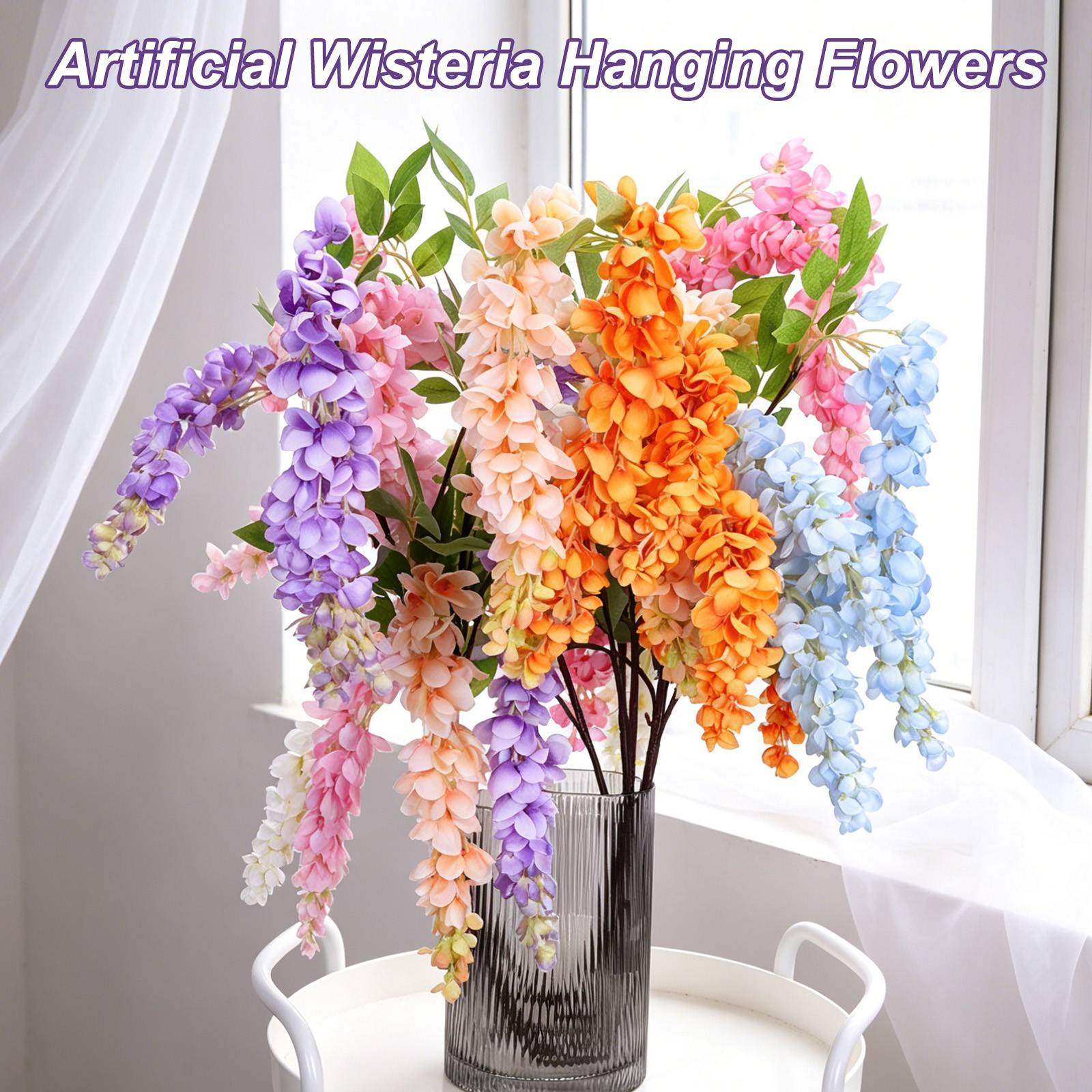 2 Pcs Artificial Wisteria Hanging Flower 3.9 ft Fake Hanging Floral Purple/White