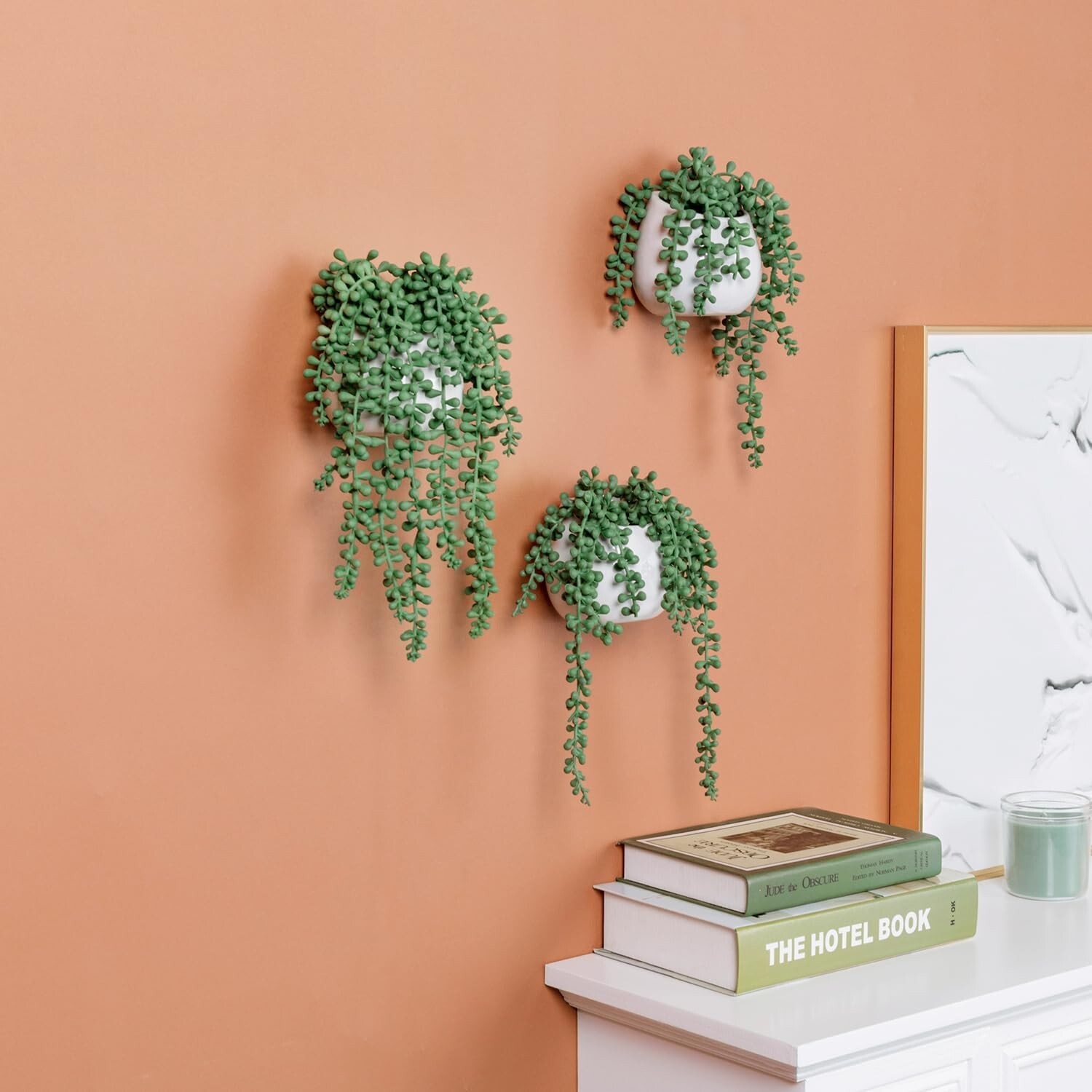 Set of 3 Artificial String of Pearls in White Ceramic Hanging Pots