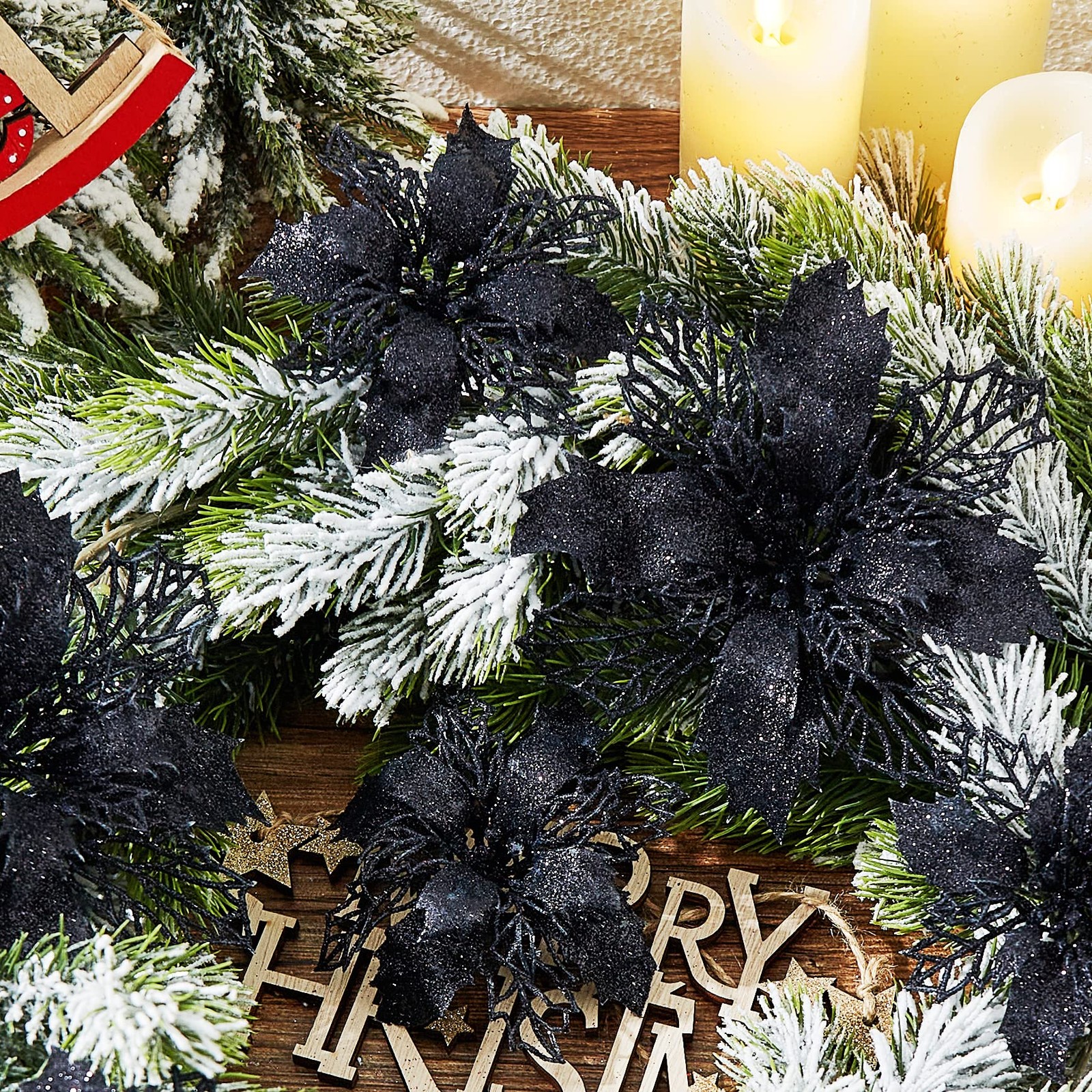 16 PCS Artificial Glitter Poinsettia Flowers Christmas Tree Ornaments Black