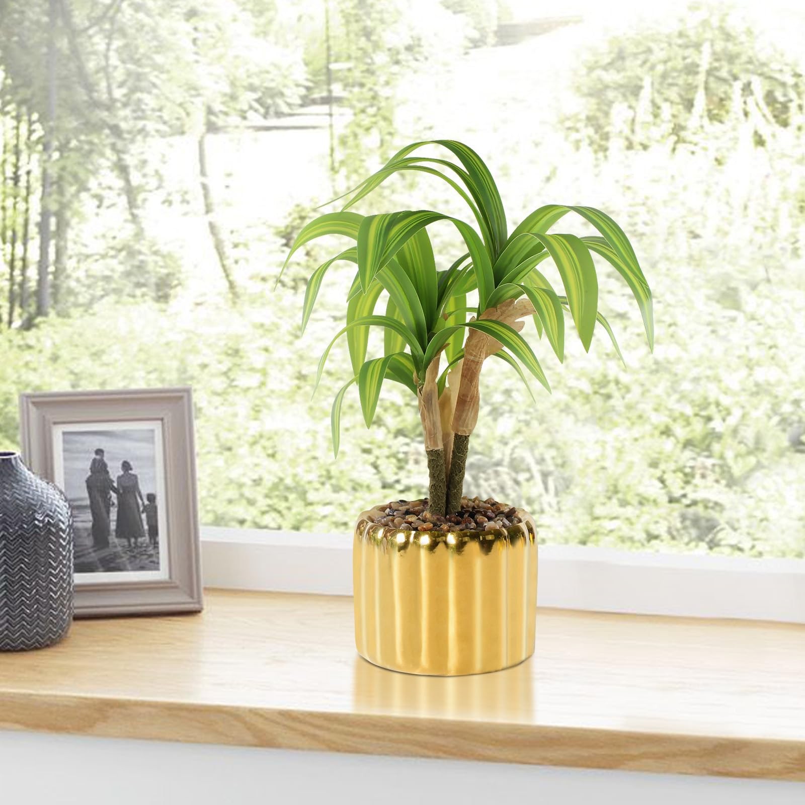10. 6″ Artificial Dracaena Plant with Textured Leaves Golden Ceramic Pot Real…