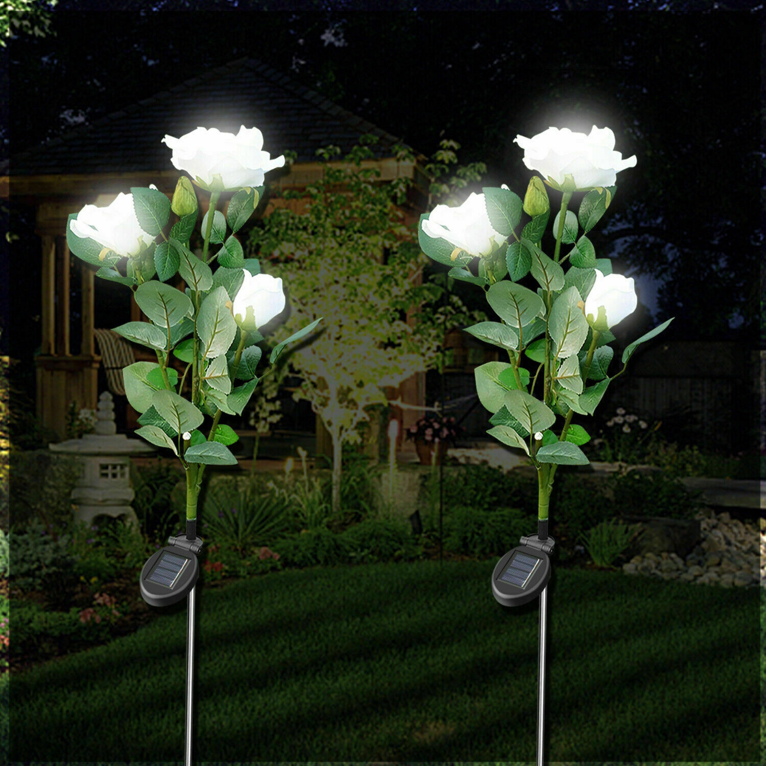 2 Pack Solar LED White Rose Flowers Lights Outdoor Stake Garden Yard Patio Lamps